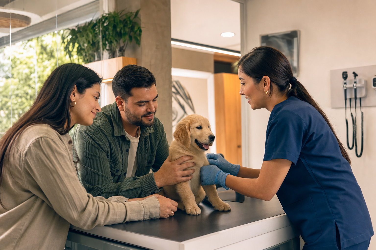 Colombian Family Vaccinating Puppy at Vet Clinic