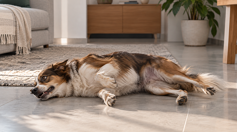 Alert Dog Rolling in a Cozy Living Room