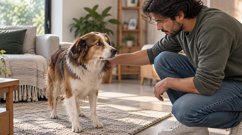 Caring Moment Between Man and Dog