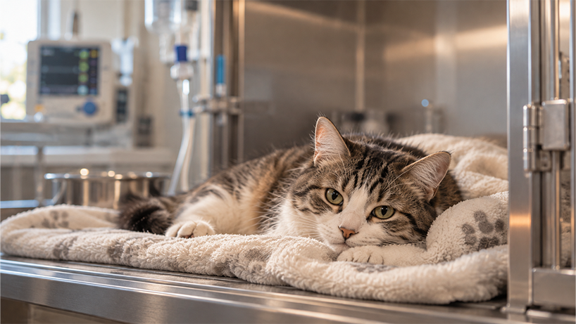 Cozy Tabby Cat in Veterinary Kennel