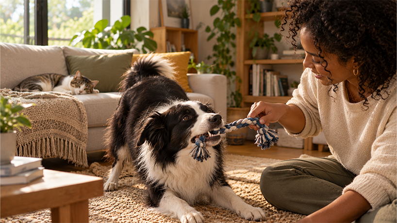 Cozy Tug-of-War in a Sunlit Living Room
