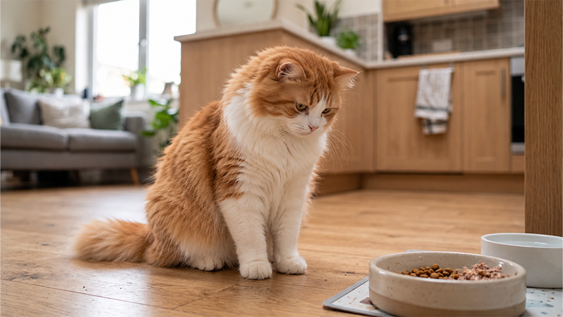 Thoughtful Ginger Cat by the Food Bowl